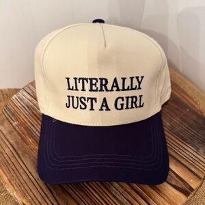 New Literally Just A Girl Embroidered Trucker Hat in Neutral Tan and Navy Blue